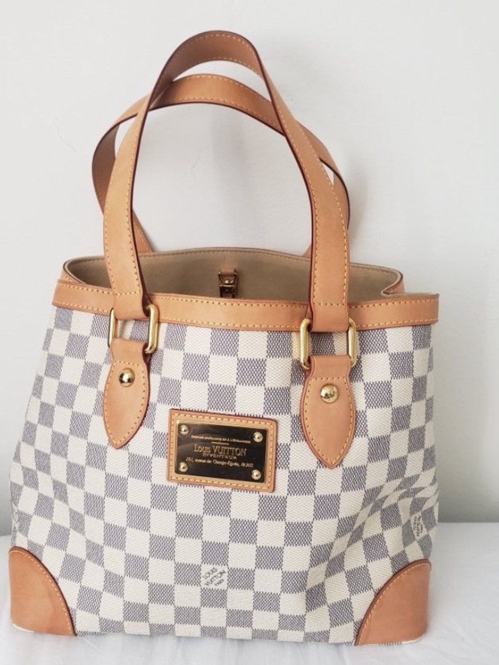 Louis Vuitton Damier Azur Canvas Tote with Tan Leather Trim